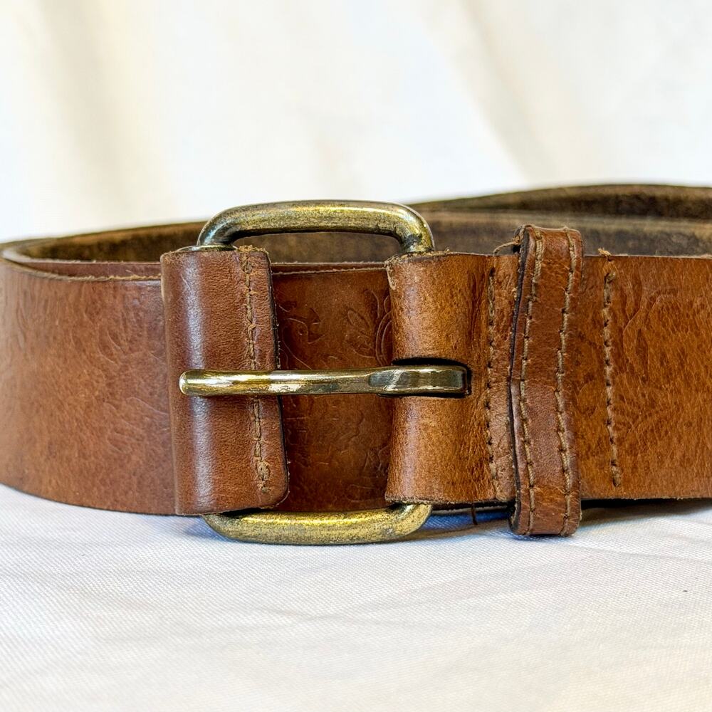 Vintage Floral Embossed Brown Leather Belt Antique Brass Buckle Wide Paisley 36"